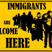 Bright yellow background with a line of silhouettes including children. Type: Immigrants Welcome by Yakira Teitel, Justseeds