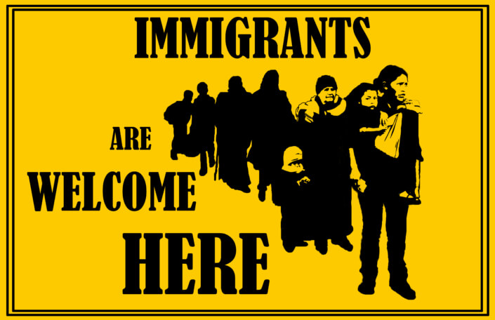 Bright yellow background with a line of silhouettes including children. Type: Immigrants Welcome by Yakira Teitel, Justseeds