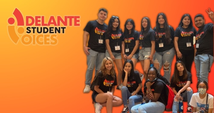 Adelante Student Voices logo: group of Latin students on orange background