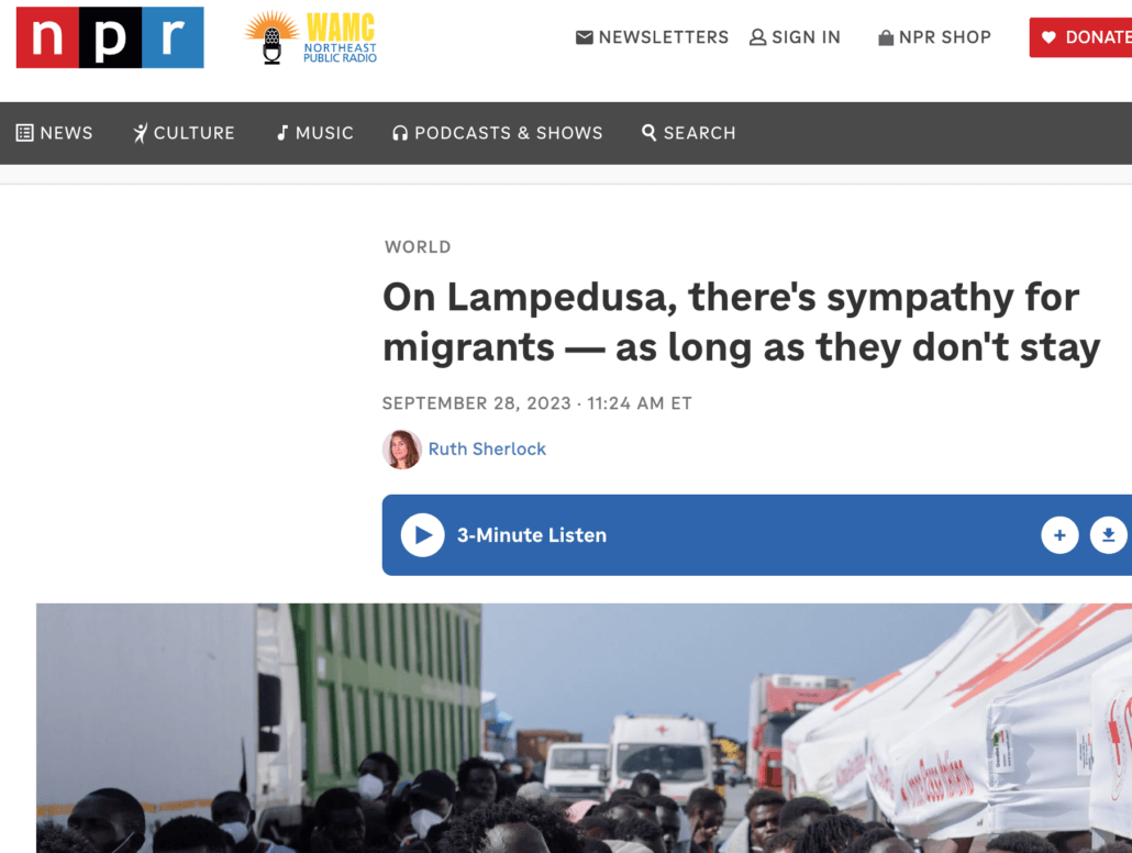 National Public Radio, 9/28/2023, "On Lampedusa, there's sympathy for migrants — as long as they don't stay"
