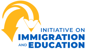 Flexible looking gold colored pencil pointing to CUNY Initiative on Immigration and Education in blue type.