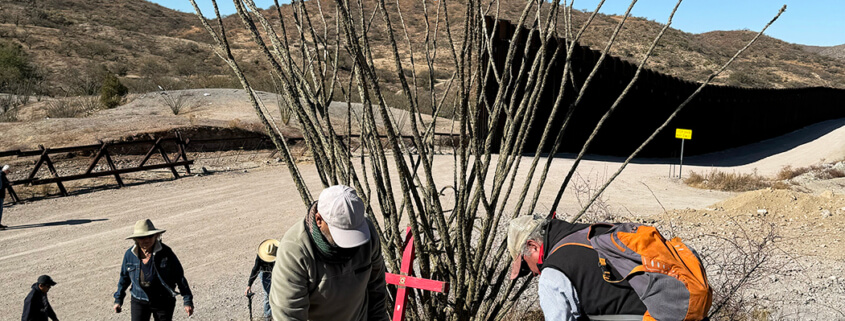 Volunteers planting a cross on the U.S.-Mexico border memorializing migrants who died.