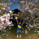 Photo of a kid with soccer ball surrounded by flowering trees.