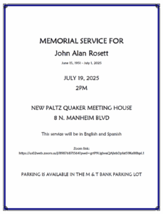 Announcement, John Rosett Memorial Service