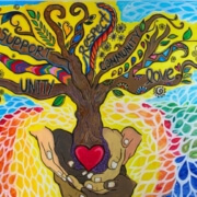 Brightly colored mural of a tree with branches as support, community, love, and unity. The tree roots are held by hands.