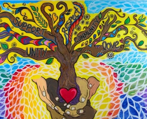 Brightly colored mural of a tree with branches as support, community, love, and unity. The tree roots are held by hands.