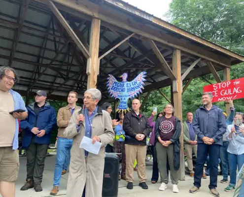 Sr. Yliana Hernández, Sisters of the Presentation of the Blessed Virgin Mary, in Algonquin Park, town of Newburgh, July 7, 2026, protesting an ICE facility proposed for Newburgh.